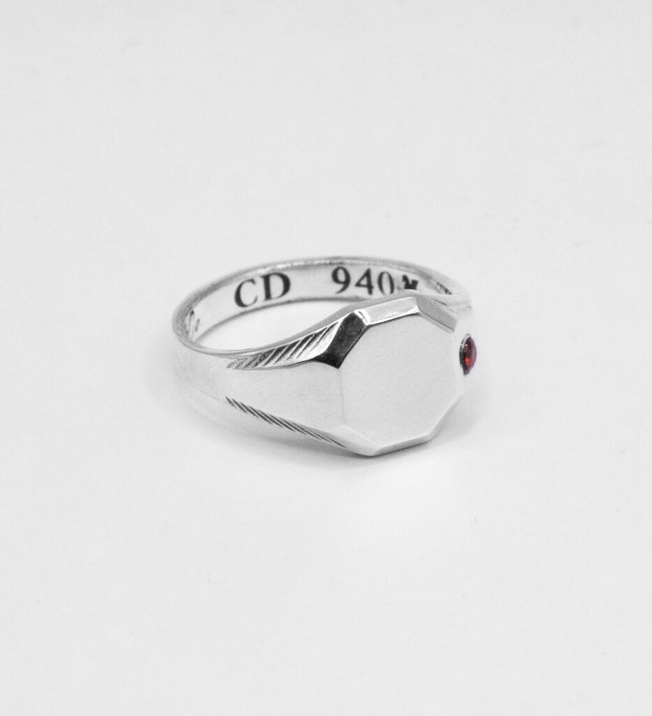 custom urban sterling octagonal 940 argentium silver signet ring with ruby set in shoulder